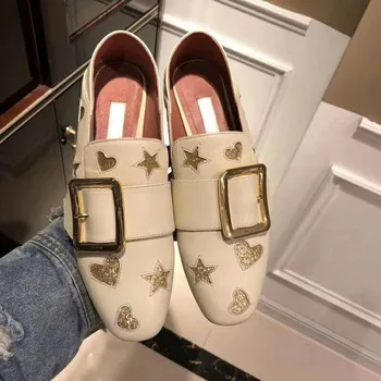 

2020 Spring, summer, Autumn and winter calfskin metal buckle versatile soft square toe light heel shoe gold thread embroidery