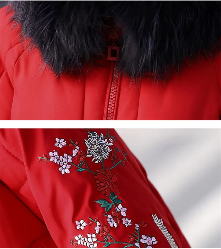 Большие размеры, L-5XL, женские зимние парки, толстая хлопковая куртка с меховым воротником, с капюшоном, Женская длинная стеганая куртка с вышивкой, G648