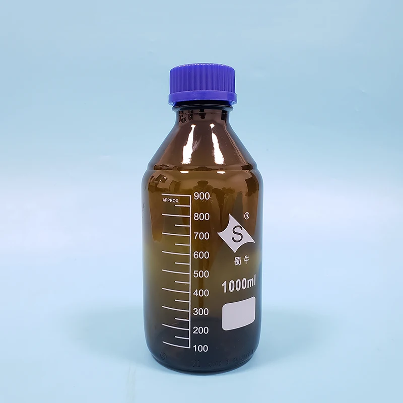 Коричневая флакон реагент с синей крышкой винтом обычное стекло объем 1000 мл для