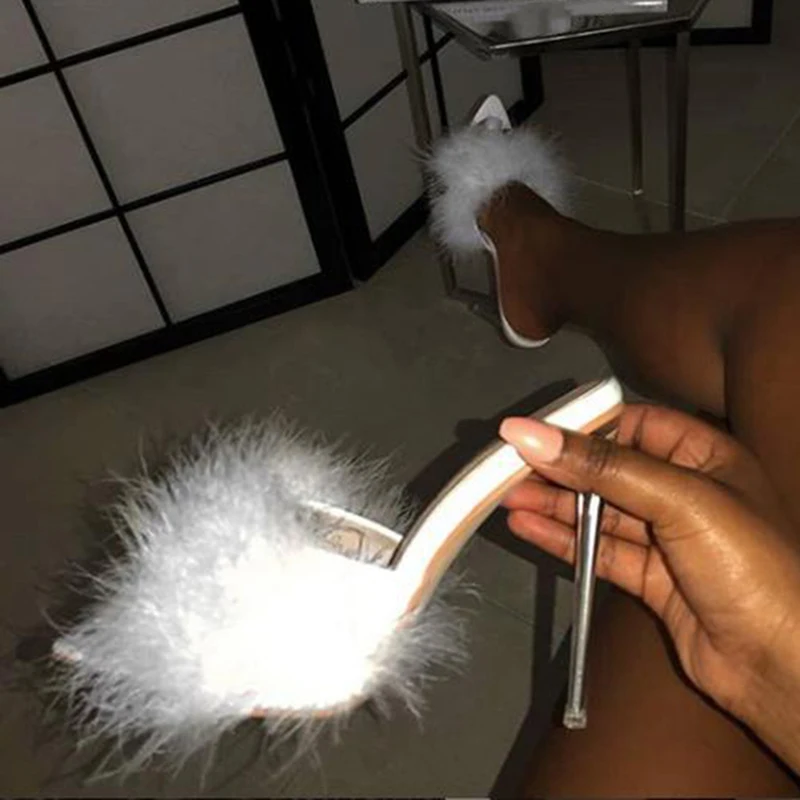 Kcenid Summer New Sexy Feather Woman Slippers Transparent Perspex High Heels Stiletto Peep Toe Mules Lady Slides Shoes Rose