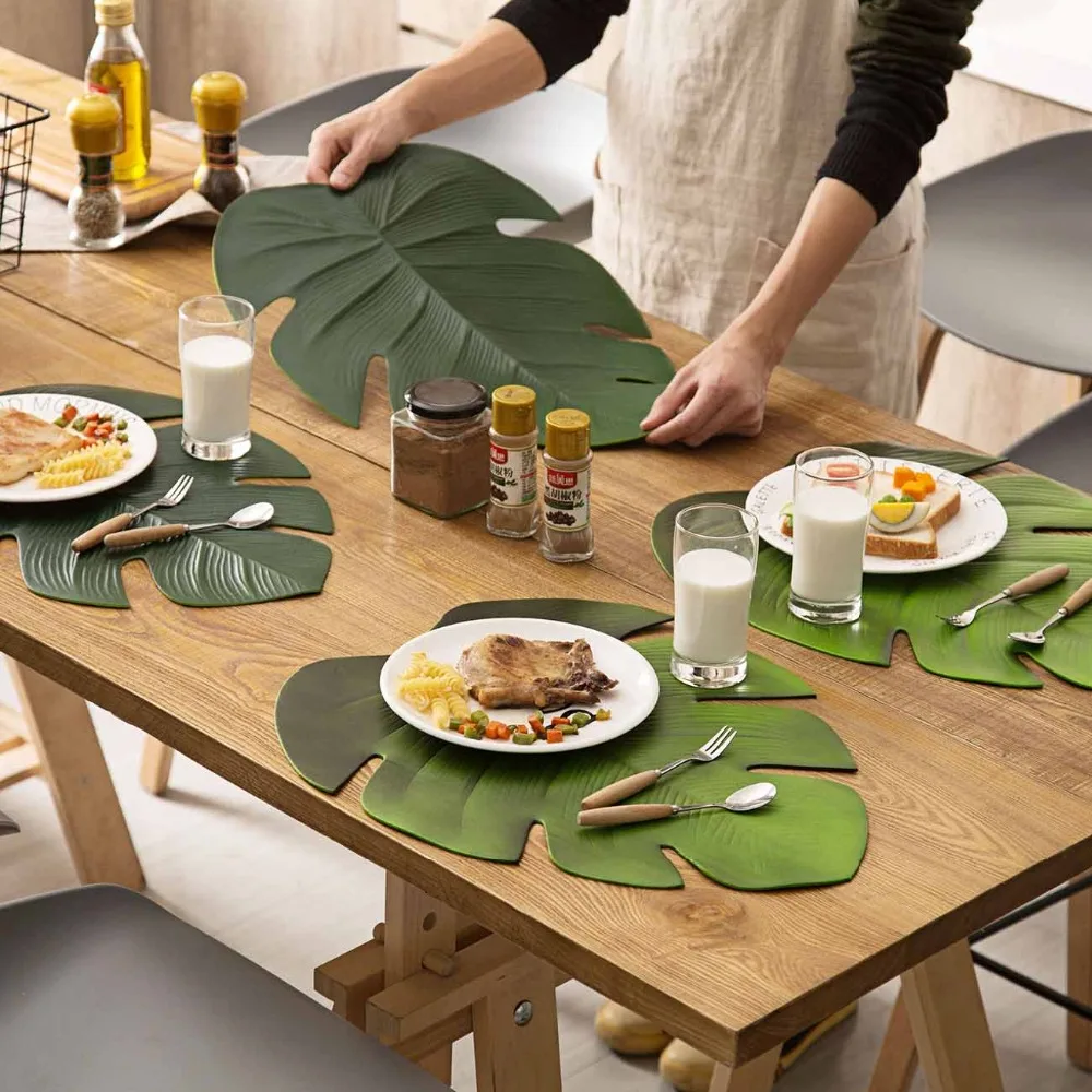  4Pcs Banana Leaf Coaster Placemat Table Mat Waterproof Table Cloth Cup Bowel Pot Mat Pad Holder Kit