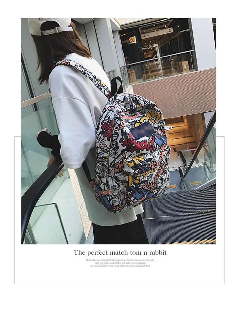 New backpack female cartoon alphabet doodle personality wild backpack men and women shoulder bag mochila