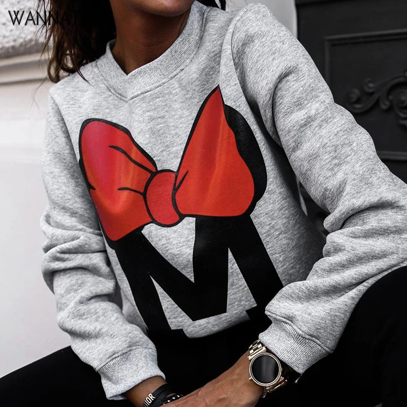  WannaThis Autumn Winter Long Sleeve Gray Sweatshirts Women 2019 Mickey Letter Print O-Neck Casual L