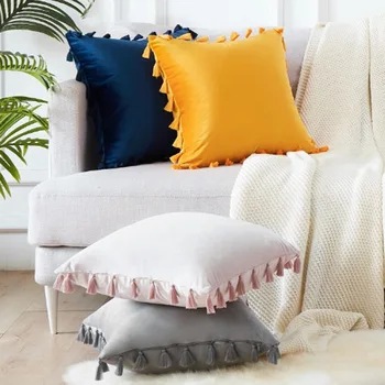 

Nordic Simple Velvet Tassel Cushion Cover Solid White Grey Light Pink Soft Pillow Case 45*45cm Sofa Bed Chair Seat Decorative