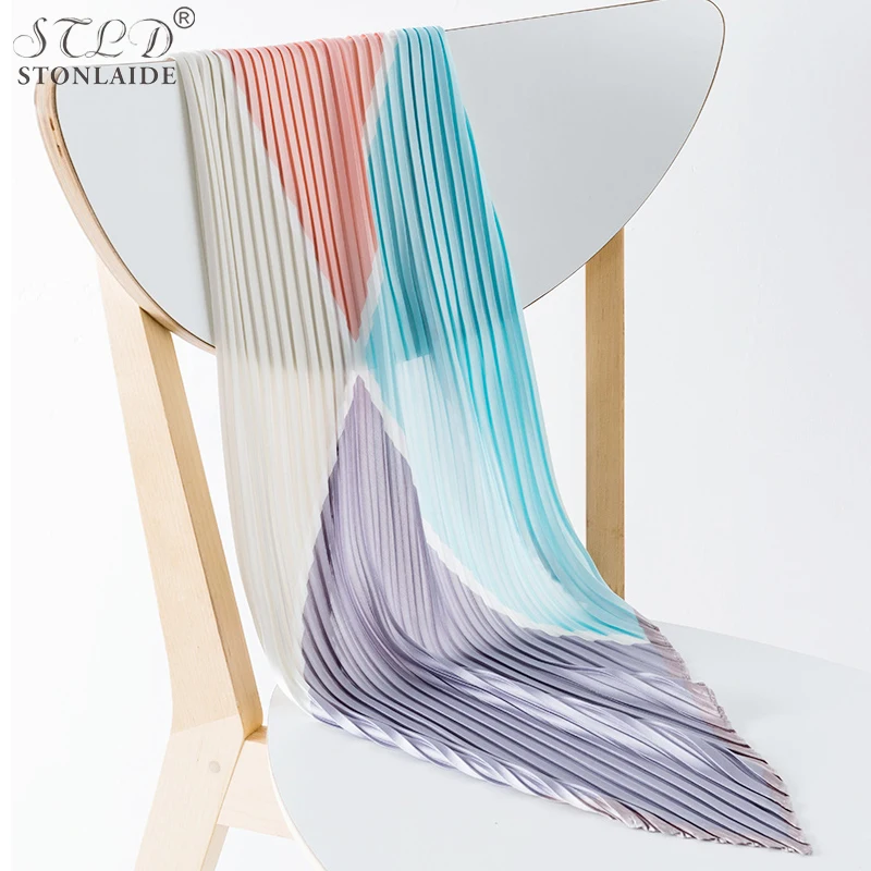 

Classy and chic Fashion color matching Pleated square silk scarf for women spring ladies scarves kerchief girls neck cover