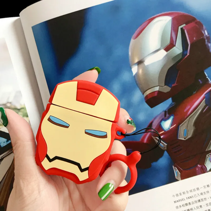 

Cartoon Case for AirPods Cute Cover Silicone Bluetooth Earphone Protective Case for Apple Airpods 2 Finger Ring strap Iron Man