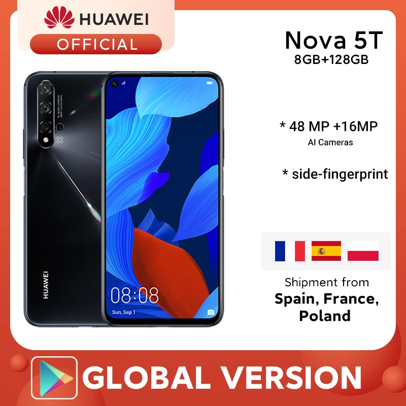 HUAWEI Nova 5t Kirin980 восьмиядерный смартфон с 48 мегапиксельными камерами 32MP фронтальная