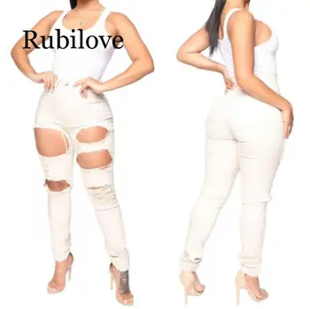 

Rubilove White Elegant Hole Jeans Pants Women Bodycon Casual Denim Pencil Pants Female Summer Fashion Tight Jeans Trousers