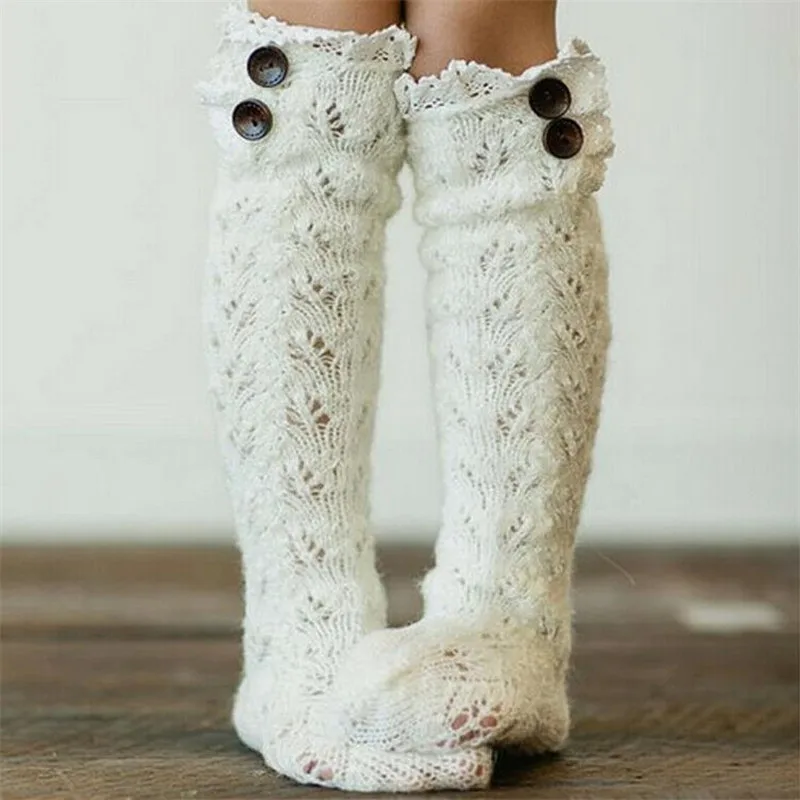 Для женщин Зимняя теплая кружевная одежда с изображением Кабельное Вязаные гольфы с узором в виде высокие сапоги носки - Цвет: Белый