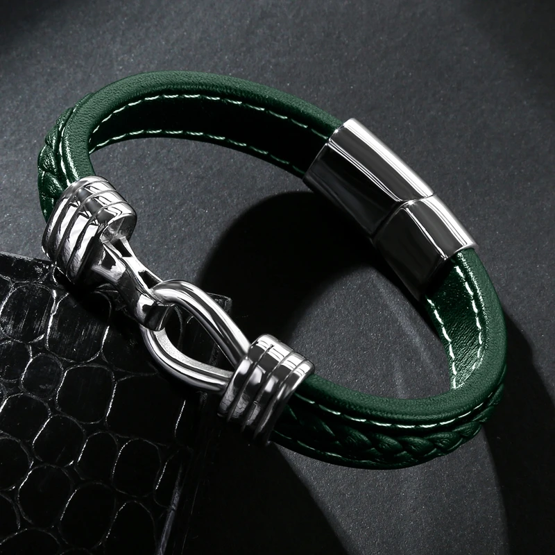 Retro New Arrival Genuine Leather Stainless Steel Bangle Women High Quality Fashion Jewelry Men's Bracelet Green