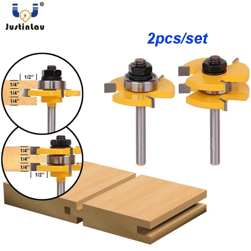 

JUSTINLAU 2pcs 1/4" Shank V Groove & Matched Tongue Router Bit Set w/ premium ball bearings Woodworking cutter