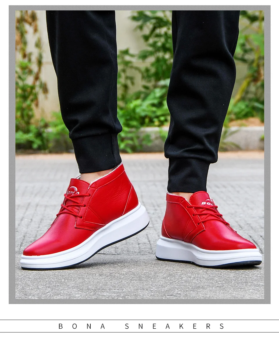 BONA/Новинка года; дизайнерская популярная Стильная мужская обувь из вулканизированной кожи; мужские высокие модные кроссовки на шнуровке; Высокий стиль; однотонные плюшевые кроссовки