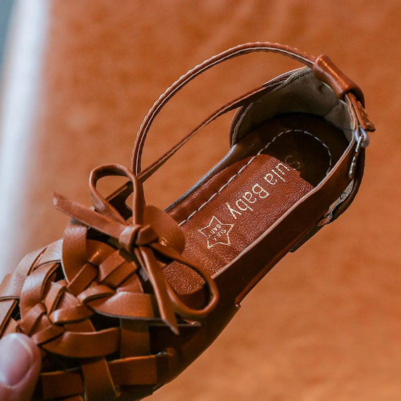 ULKNN Kids Girls Sandals Summer Shoes Children Fashion Girls Woven Sandals Casual Sneakers With Bow Flat Heel Girls Beach Shoes