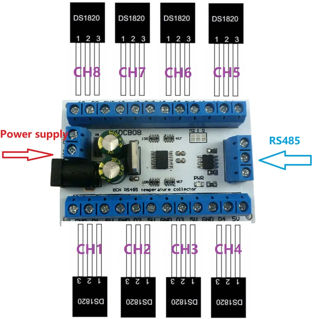 8ch Ds18b20 Rs485 Modbus Rtu Датчик контроля температуры дистанционный цифровой модуль |