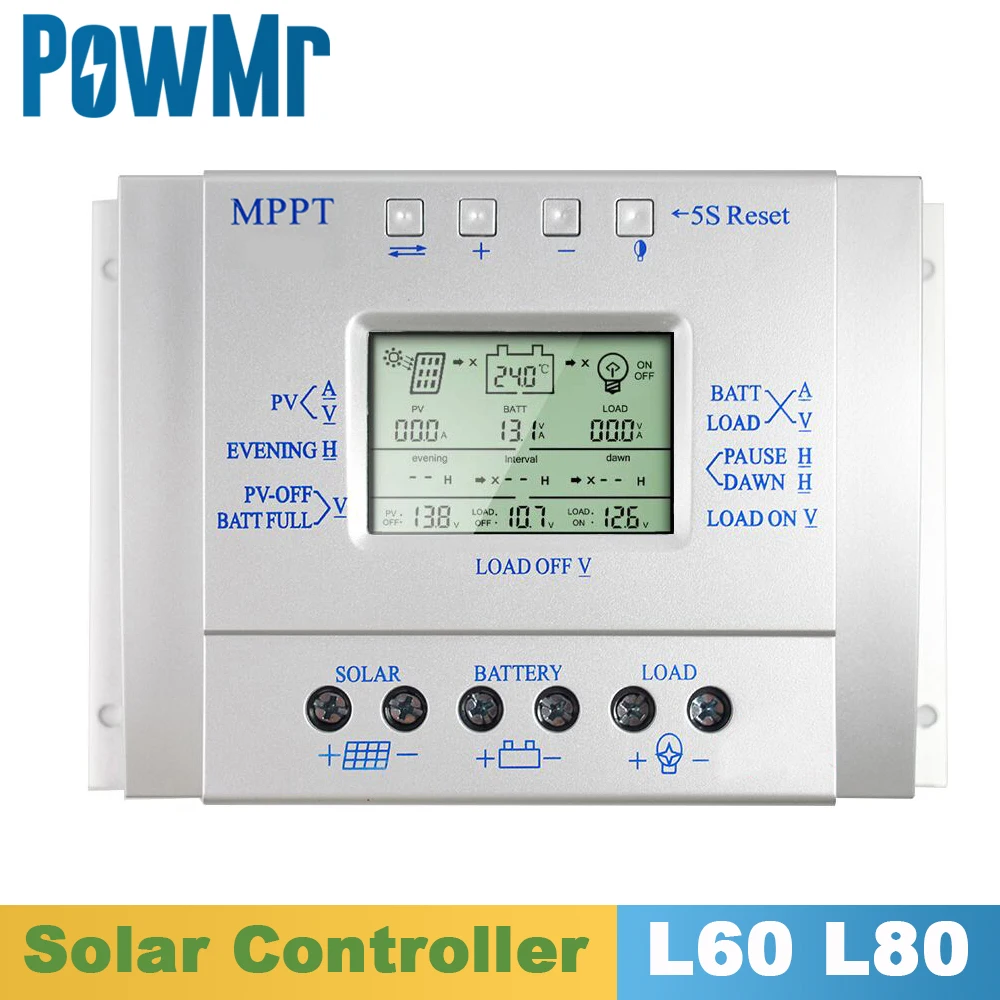 PowMr MPPT Solar Charge Controller 60A 80A 12V 24V Auto Solar Panel Regulator for Max 50V Input All Data In One Display L60 L80