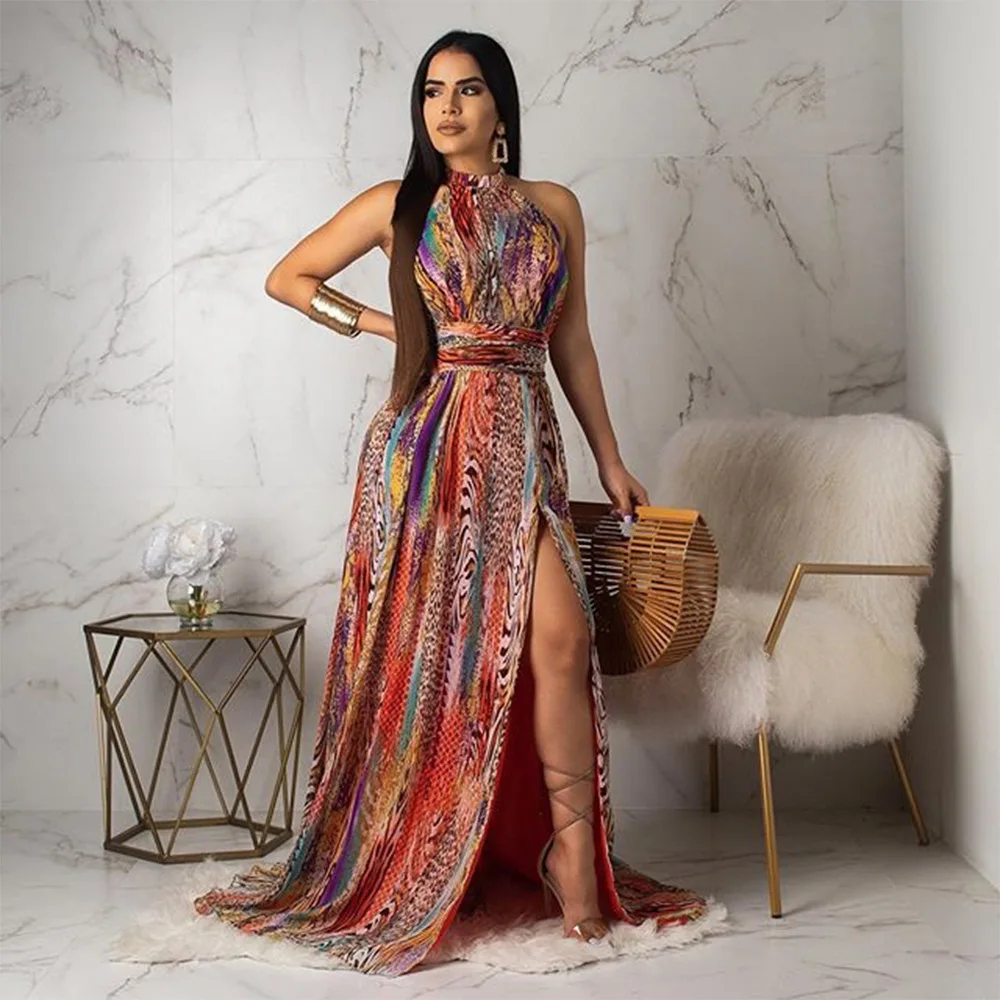 

Sexy Women Boho Maxi Dress Club Green Multi Dress Bandage Backless Long Party Halter Bridesmaids Robe Longue Femme Sundress