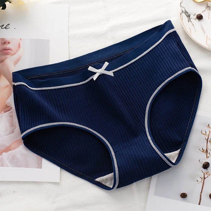 Navy Blue 1 шт., новое повседневное белье, дышащее хлопковое женское нижнее белье, женские трусы-шортики, модные простые полосатые трусики с бантом - Цвет: Navy Blue