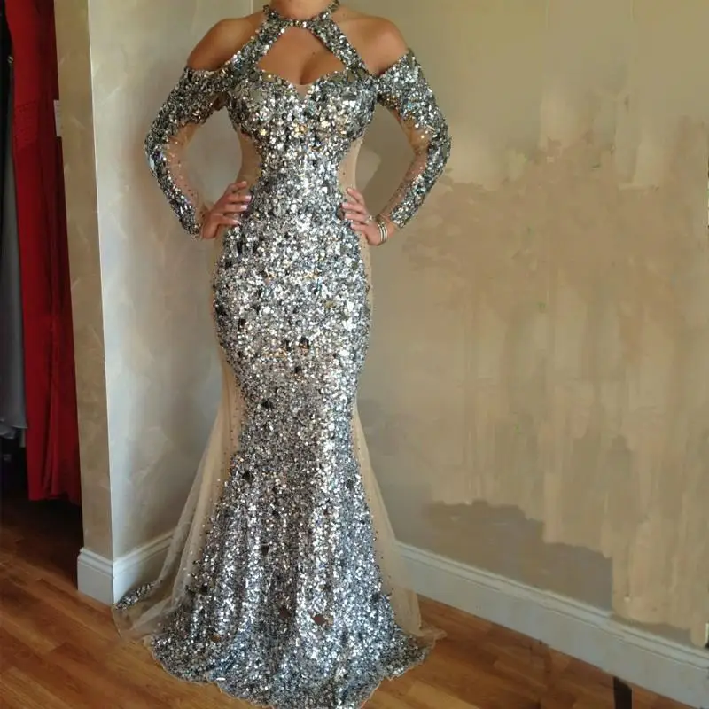 Vestido de festa сверкающие серебряные блестки Кристаллы Русалка Роскошные великолепные вечерние наряды с длинным рукавом Русалка платье для выпускного вечера вечерние