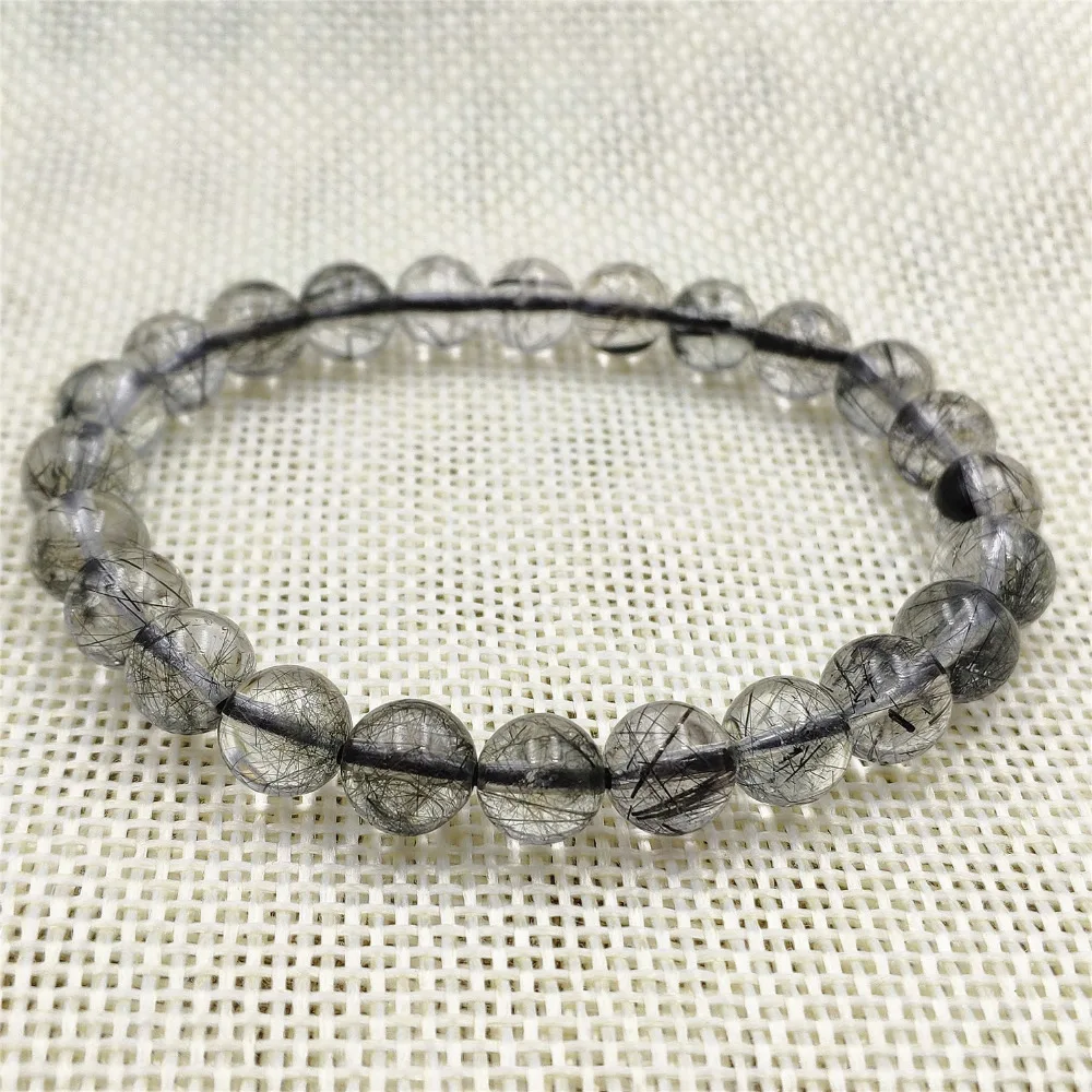 7.5mm Natural Black Rutilated Quartz Crystal Women Men Bracelet Round Beads Wealthy Stone From Brazil Reik Stone AAAAA