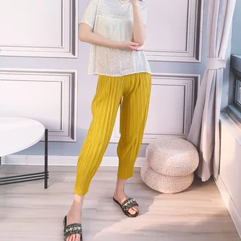 

Pants Women Large Size Summer Fashion Solid Colour Loose Casual Elastic Miyake Pleated Ankle Length Trousers Female