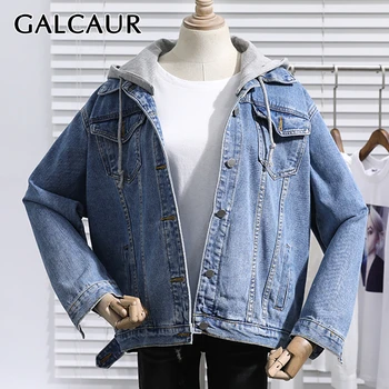 

GALCAUR Korean Denim Women's Jacket Lapel Collar Hooded Long Sleeve Hit Color Large Size Loose Coats Female 2020 Fashion Clothes