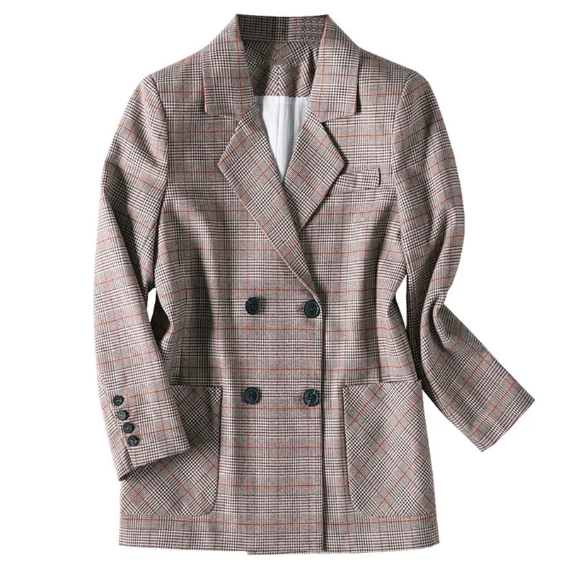 yellow plaid Элегантный женский Блейзер, костюм, офисные женские модные блейзеры, куртки с зубчатым воротником, женские повседневные свободные костюмы и блейзер для женщин - Цвет: yellow plaid