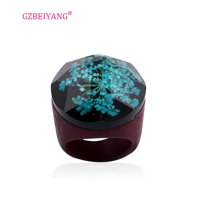 

GZBEIYANG 5 colors Wooden handmade resin flower rings for ethnic jewelry romantic wedding rings for women party gifts