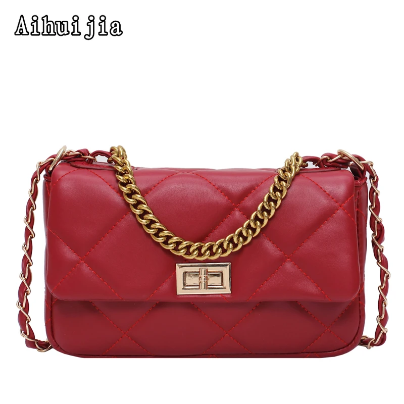 

2020 New Women Fashion Solid Color Shoulder Messenger Bags High Quality Plaid Leather Handbags Designer Chain Small Square Bags