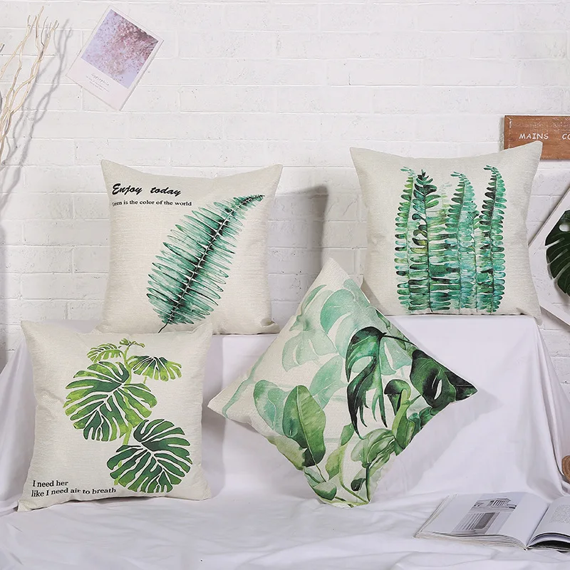 

Pillow Print Small Fresh Green Leaves Pillow Home Decoration Decorative Square Linen Pillowcase Decorative Pillows Free Shipping