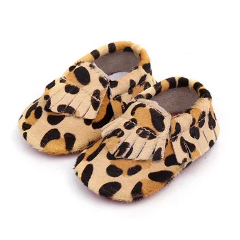 

Spring and Autumn Popular Leather Horse Hair Leopard Fringe Baby Walking Shoes Soft Sole Baby Shoes
