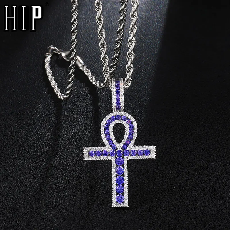 Hip Hop Iced Out Bling Purple Blue Zircon Ankh Cross Egyptian Key to Life Symbol Pendant &amp Necklace For Men Jewelry | Украшения и