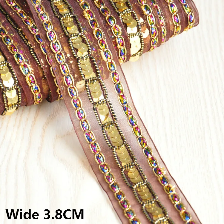 

3.8CM Wide Glitter Coffee Sequins Lace Beads Trim Handmade Applique Ribbon Wedding Dress Belt Headwears DIY Sewing Guipure Decor