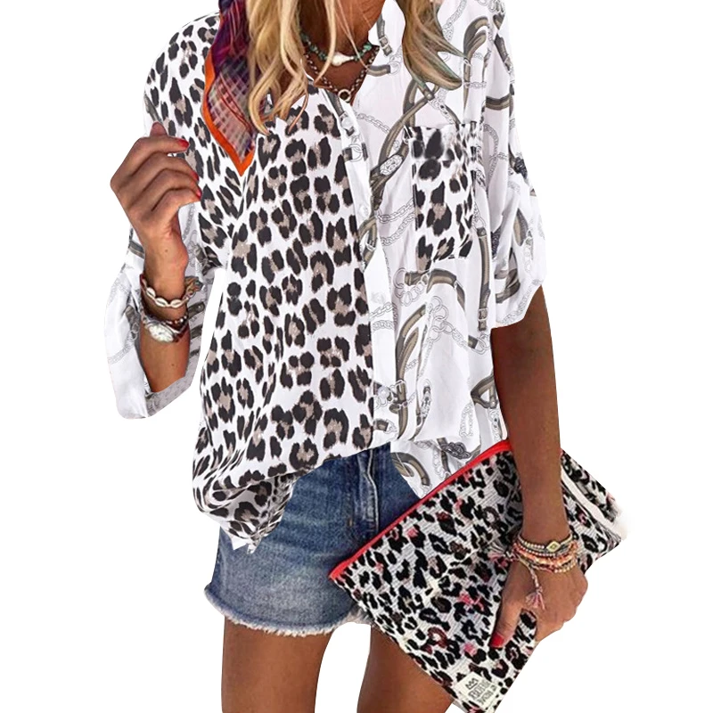 Women Blouse 2020 Sping  Tops  Turn down Collar Long Sleeve Leopard Shirt Loose Plus Size Clothing For Women Ladies Blouses