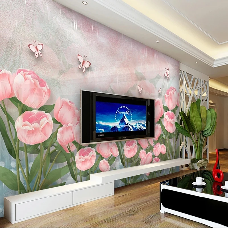 Custom Any Size Seld-Adhesive  Modern Minimalist Pink Tulip Butterfly TV Background Wall Stickers Papel De Parede Painting Tapet