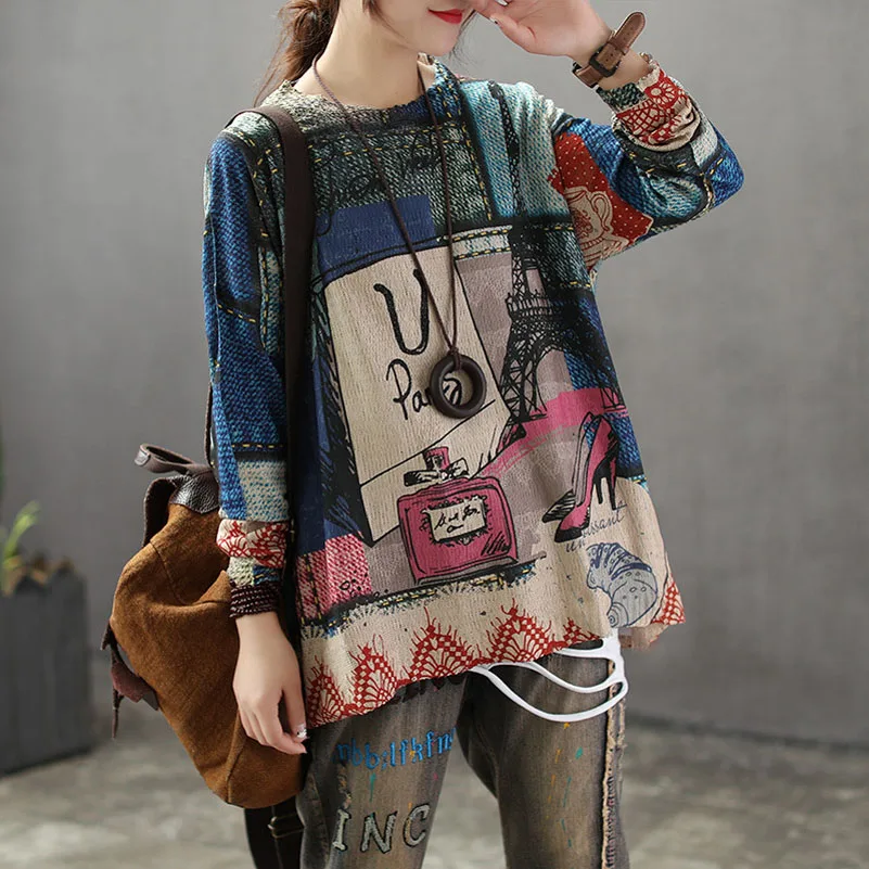 

QPFJQD Spring Autumn Women Vintage Sweater Knit Basic Tops Female Loose Printed Pullovers O-Neck Ladies Wool Blended Outerwear