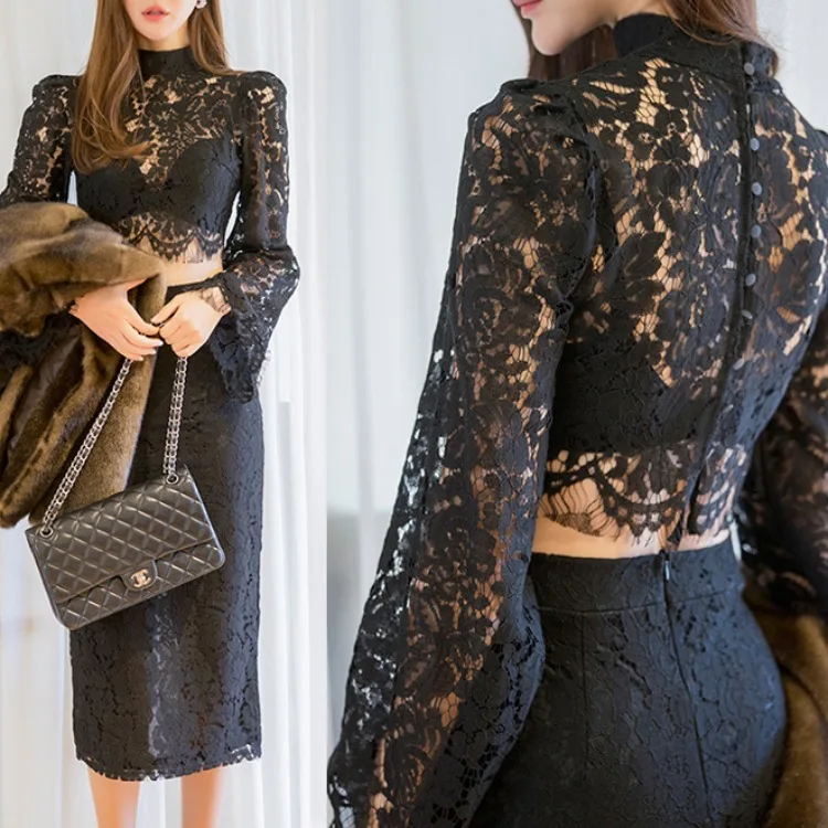 

2020 New Style Two-Piece Set Korean-style Elegant Bell Sleeve Lace Transparent Tops-Style Sheath Skirt Set