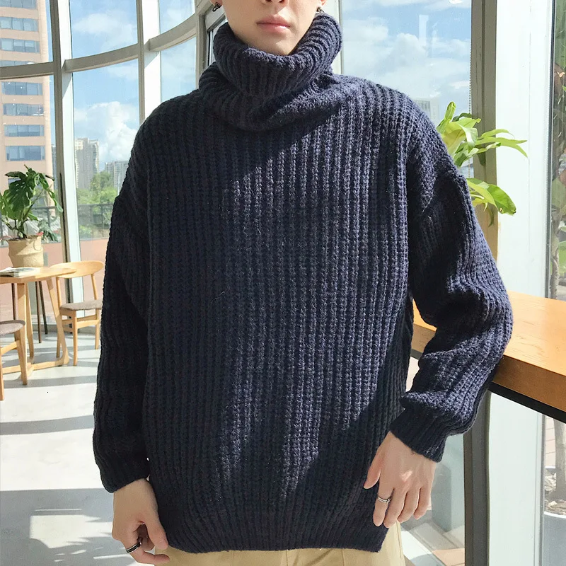 

High Lead Loose Knitting Sweater Man Roughage Men's Wear Turtleneck Solid Color Casual Sweaters Pullover Turtleneck Long Shirt