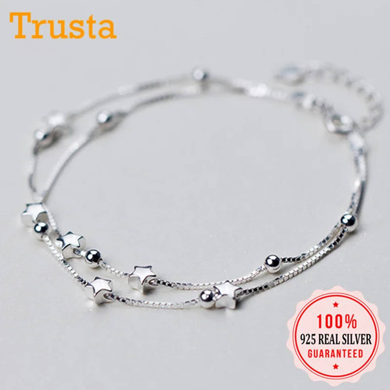 Trusta настоящий 925 пробы Серебряный Модный двухслойный браслет с бусинами и звездами 17 см для женщин и девушек серебряные ювелирные изделия подарок DS1211