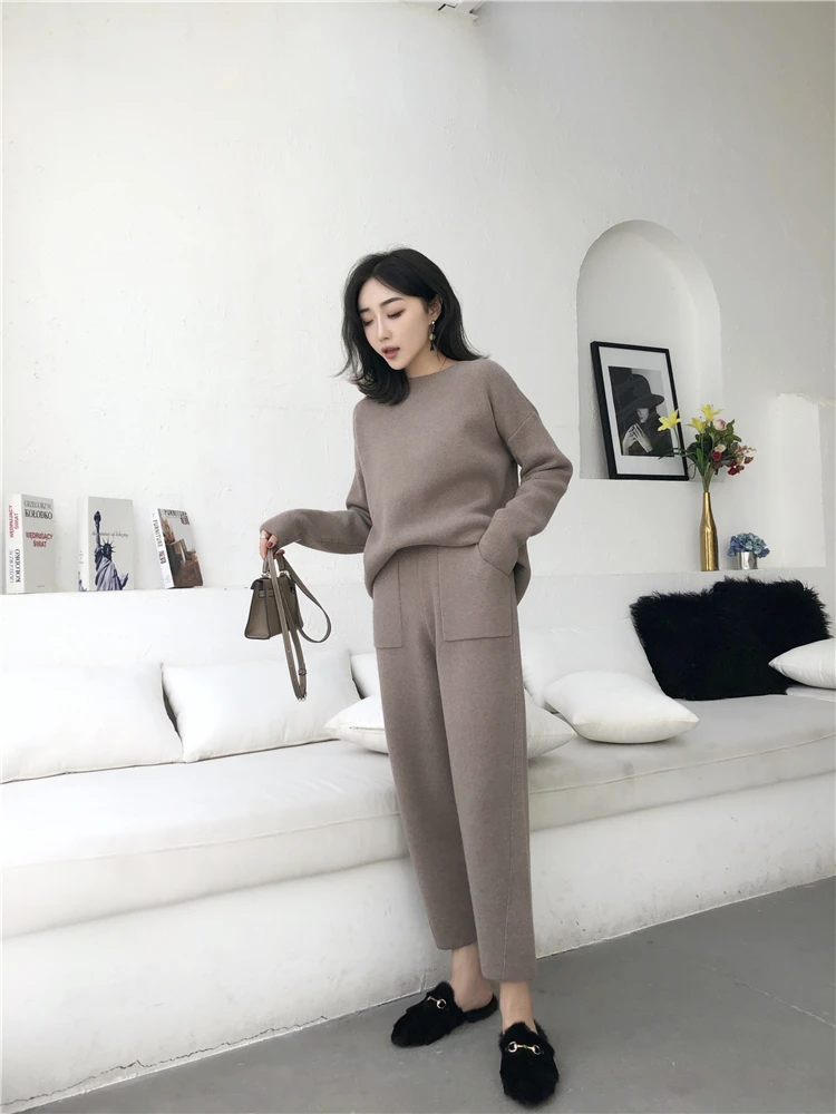 Autumn Winter Knitted Sweatshirts Tracksuit Women Cashmere Clothing 2 Piece Set Thick Warm O-neck Sweater+Ankle-Length Pant Suit