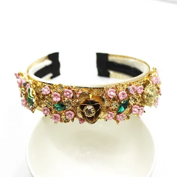 

Baroque porcelain flower gem bee golden headband catwalk bridal hair accessories atmosphere Wild gift Luxury big names hairbands
