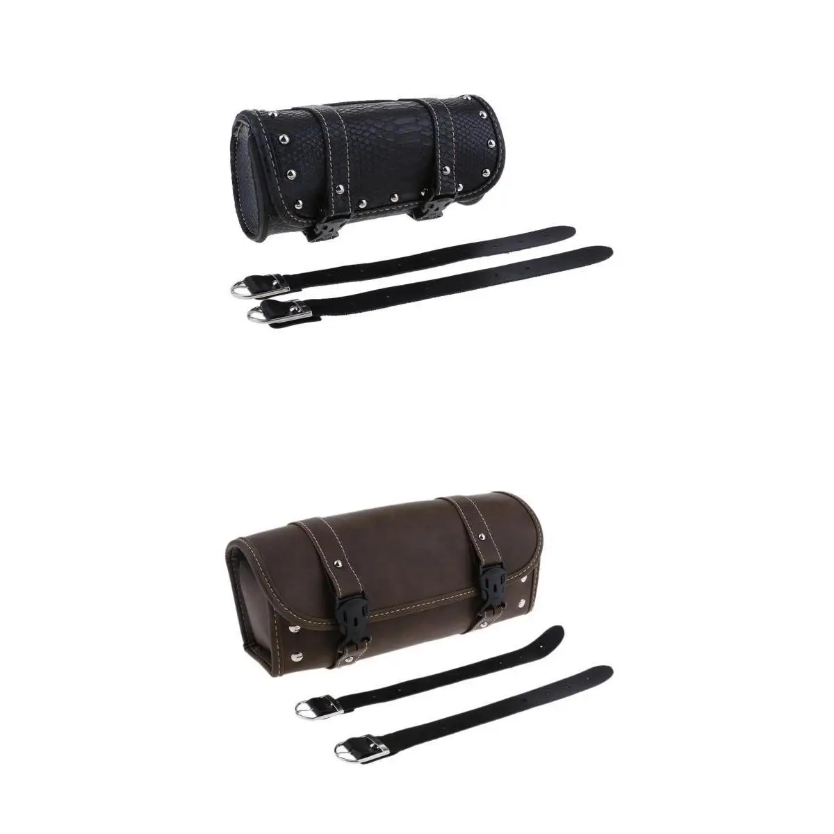 2pcs Motorcycle Tool Bag Saddlebags PU Leather Storage Tool Pouch Roll Organizer for Sissy Bars (Black+Brown)