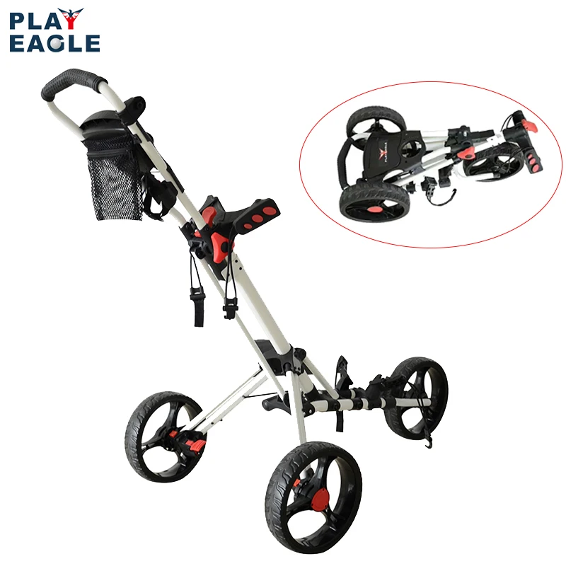 PLAYEAGLE Golf Trolley Foldable Design With Umbrella Stand 3 Wheels Golf Push Pull Cart Bag Carrier