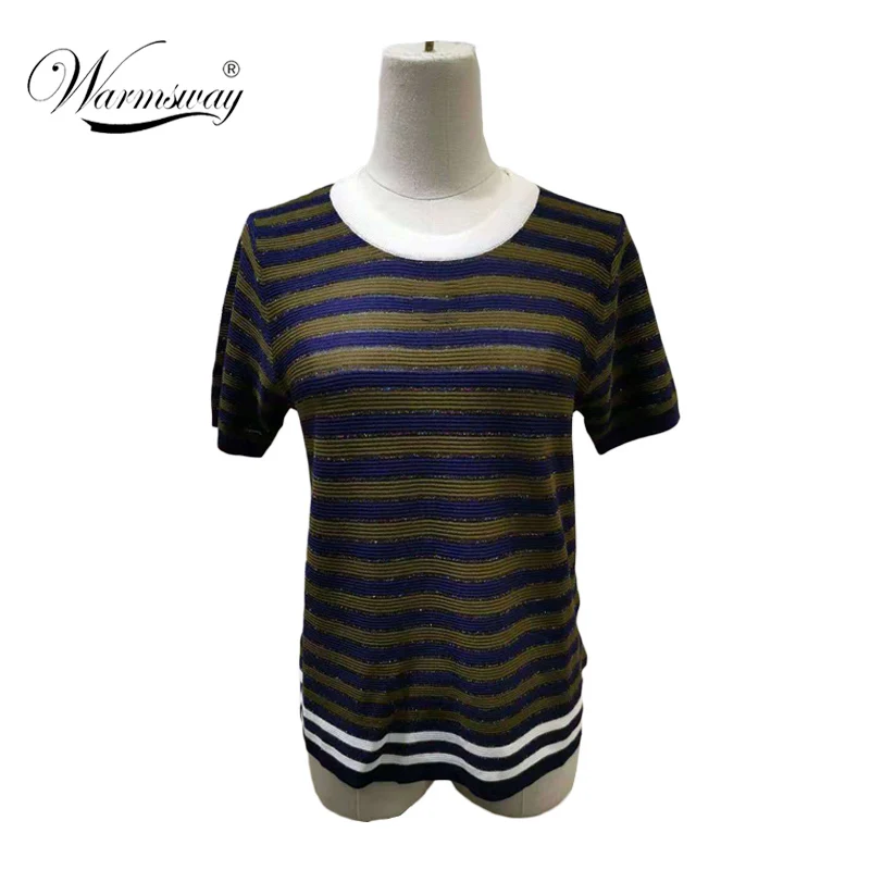 Ladies Tees New Fashion T-shirt Striped Runway Designer Letter Beading Knitted Tops Women Slim knitwear Femme B-291