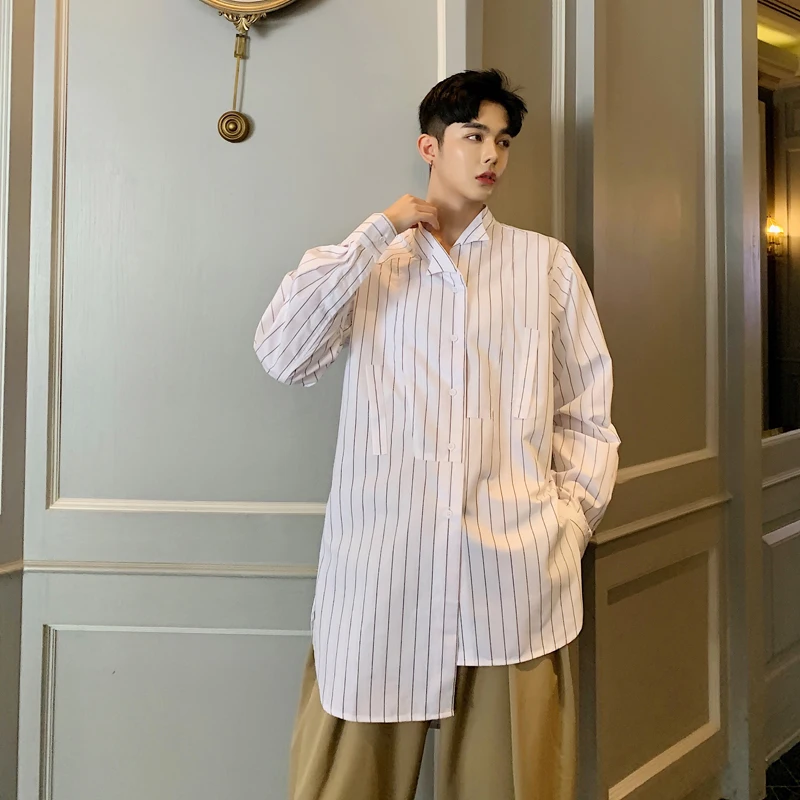 

Men Autumn Long Sleeve Vintage Striped Casual Shirts Asymmetry Design Male Women Long Style Streetwear Hip Hop Fashion Shirts