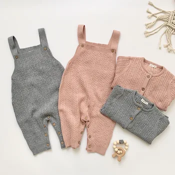 

5261 Girls' Sweater Set Korean Autumn Winter Girl Clothing Set Knitted Cardigan +Suspender Pant Kids 2 Piece Suit Clothing Set