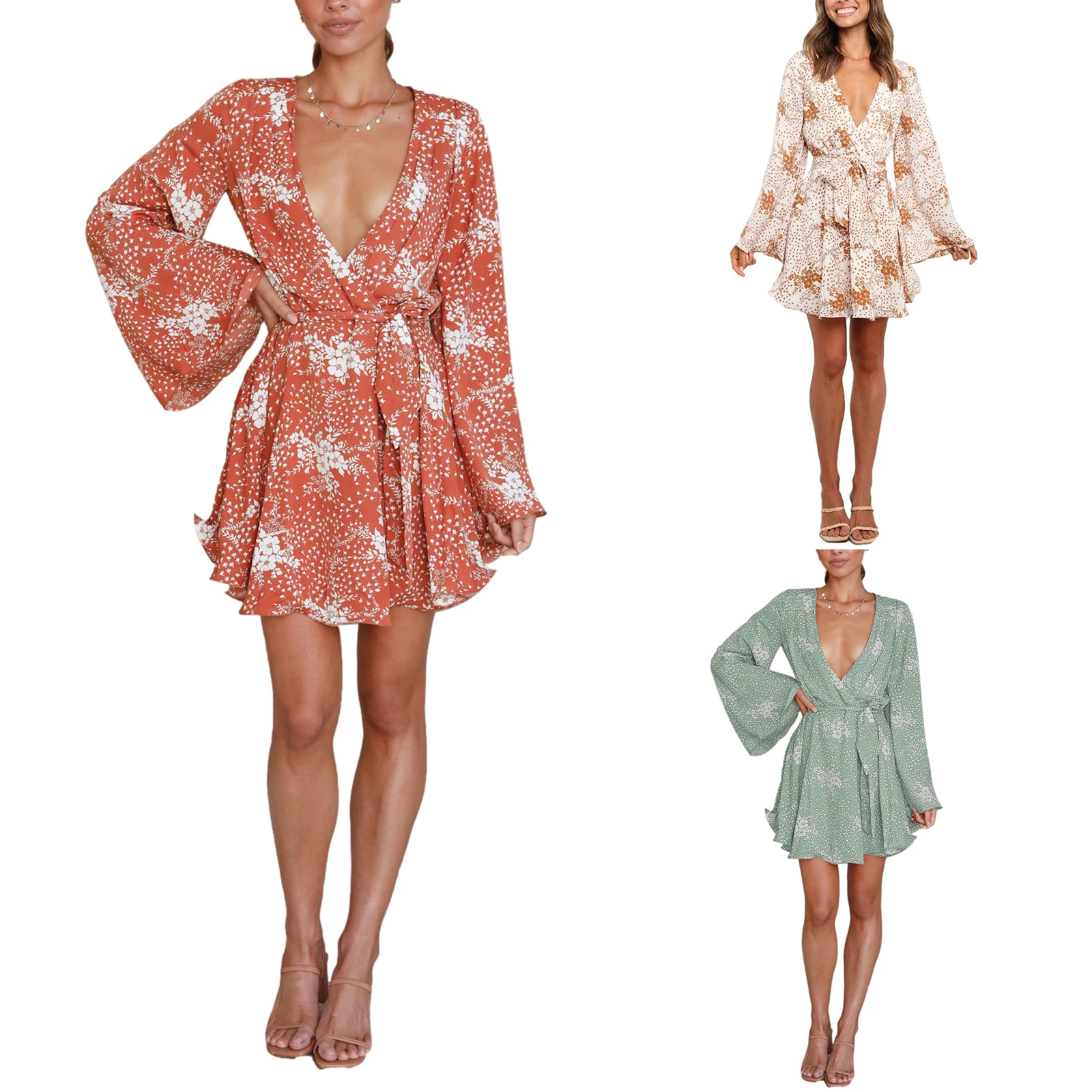 

Women Sexy Tie-up Dress y2k Adults Flower Print Flare Sleeve V-neck Sexy Dress 2021