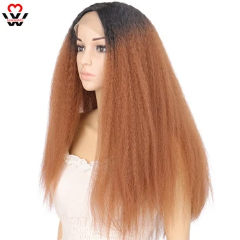

MANWEI Long Kinky Straight Synthetic Hair Lace Wigs For Women Ombre Brown Blonde Lace Front Wig With Natural Hairline