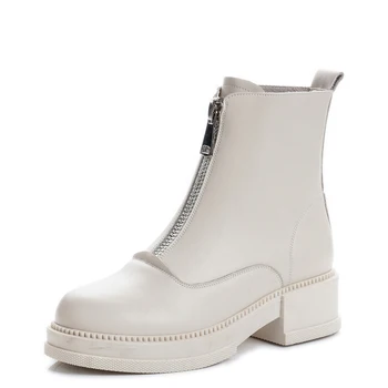 

Women's boots 2020 autumn and winter front zipper thick heel square heel women's shoes simple and versatile leather ladies boots