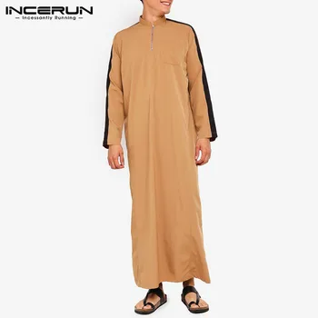 

Men Muslim Kaftan Robes Patchwork Stand Collar Long Sleeve Islamic Arabic Robe Solid Color Jubba Thobe Loose Long Robes INCERUN