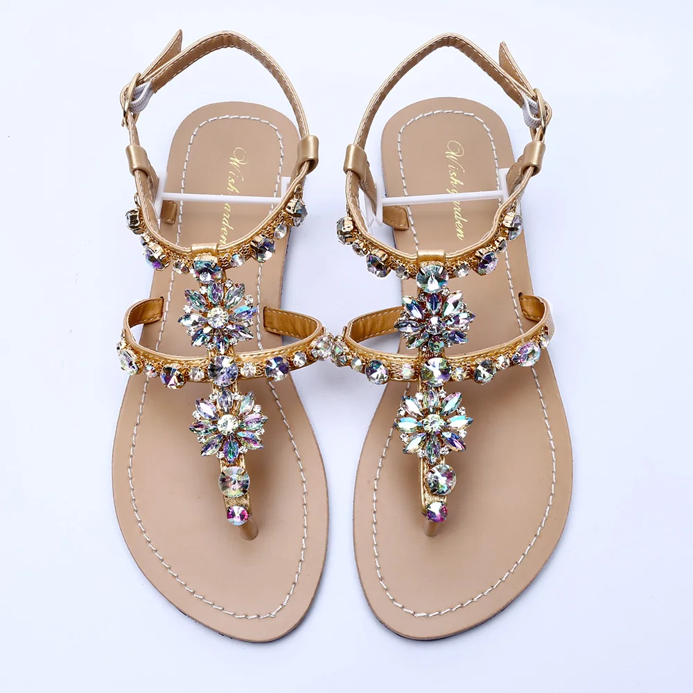 NEW summer Women`s beach sandals lady shining rhinestones shoes bohemia diamond T-strap thong flip flops comfortable Boho shoes
